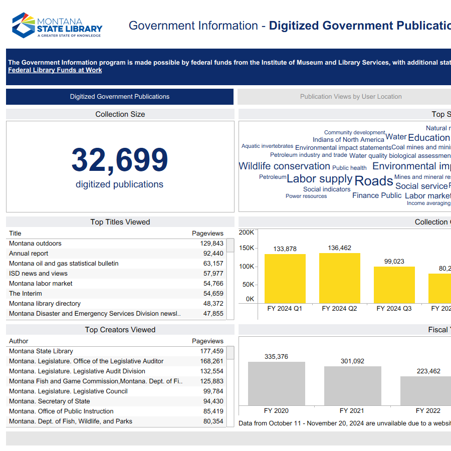 Dashboard screenshot featuring charts related to digitized government publications