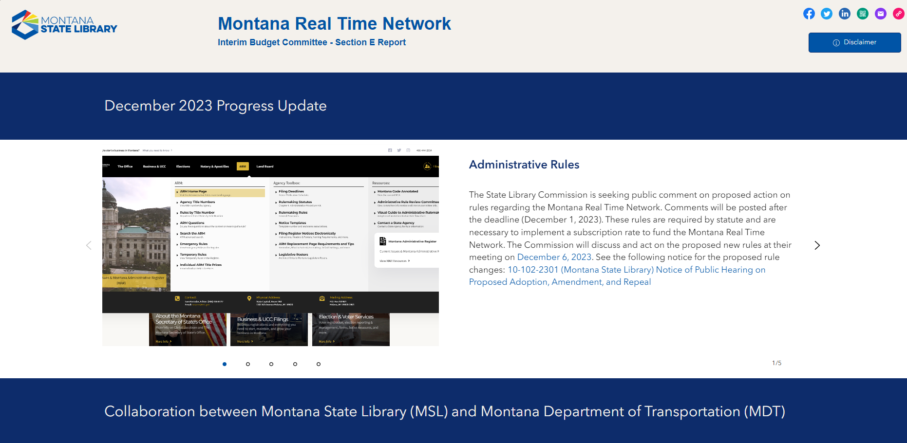 Screen shot from the Montana Real Time Network December 2023 Progress Update