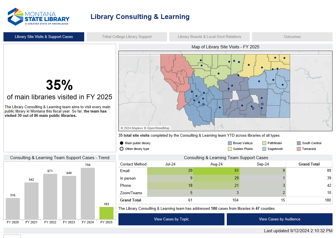 Dashboard screenshot featuring charts related to library consultations