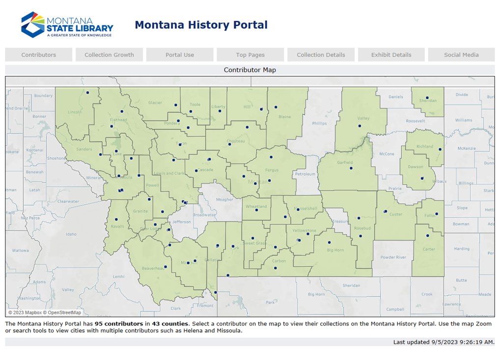 Dashboard screenshot featuring a map of Montana History Portal contributors