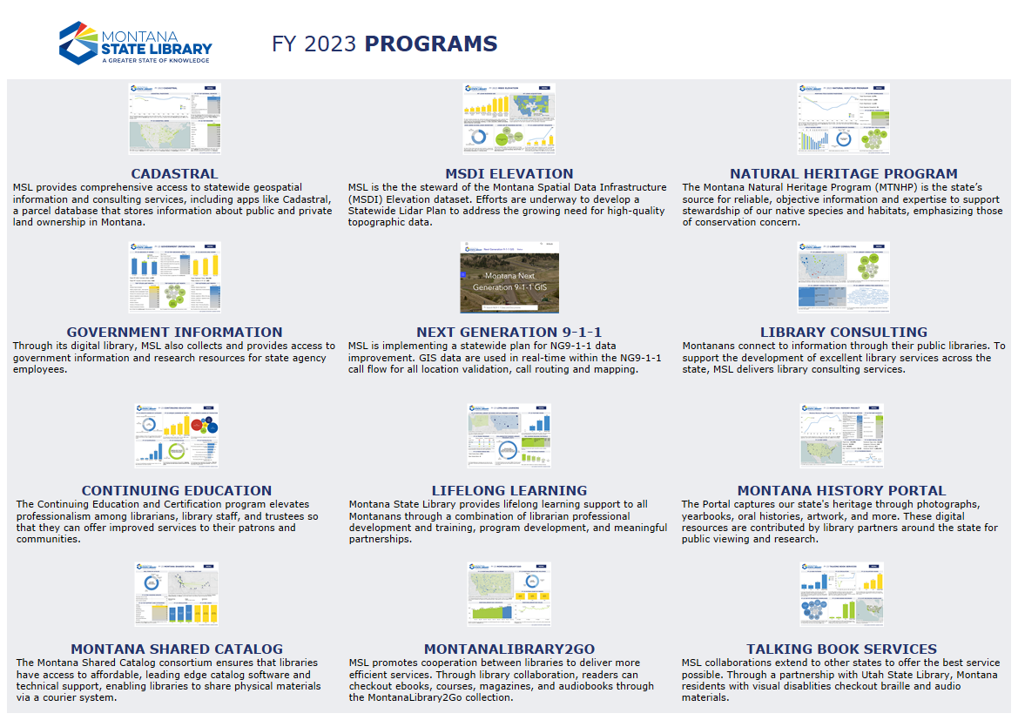Screenshot featuring covers of all FY 2023 program dashboards